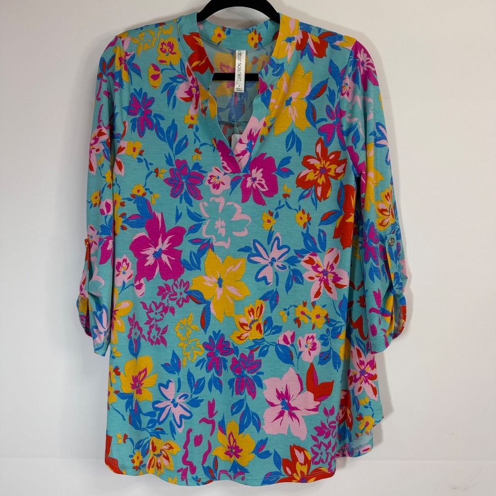 Dear Scarlett Liz Floral Tunic‎ Top Bright Spring Boho 3/4 Roll Tab Sleeve Small
